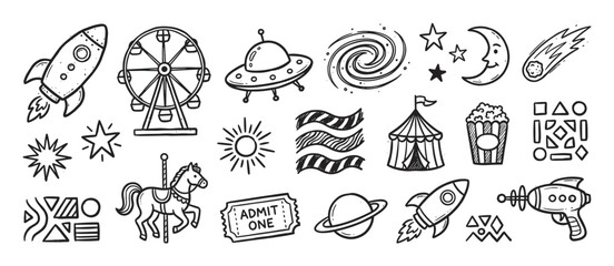Fototapeta na wymiar Set of hand-drawn doodle illustrations featuring space and circus elements like a rocket, ferris wheel, UFO, and popcorn in a whimsical black and white line art style