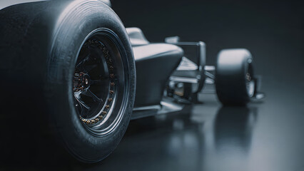 A close-up view of a sleek black race car's tire and wheel on a dark background