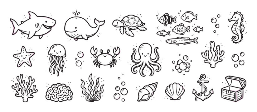 Set of cute hand-drawn sea animal doodles featuring a shark, whale, octopus, crab, and turtle in a charming black and white line art illustration style for kids