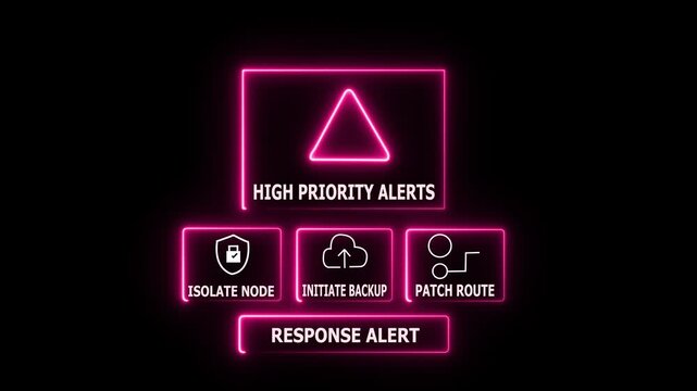 High Priority Alerts System with Neon Icons: Data Security, Cloud Backup, Network Routing