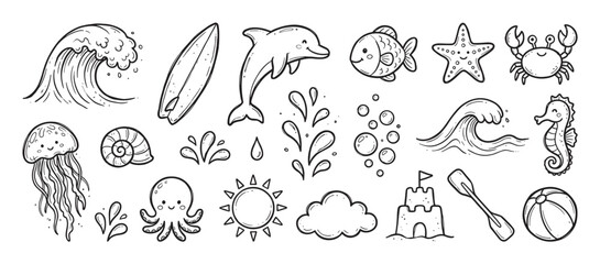 Set of cute summer beach doodles hand-drawn in a simple black and white line art style, including a dolphin, crab, jellyfish, surfboard, sandcastle, and other ocean elements