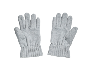 Pair of light grey knitted gloves isolated on black background, winter wear