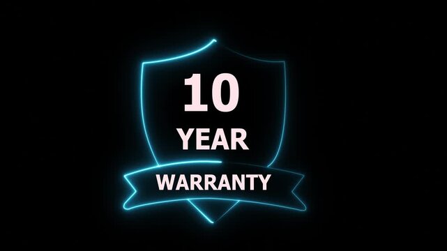 10 Year Warranty Shield Neon Sign, Guarantee Security, Assurance Badge, Glowing Blue Light