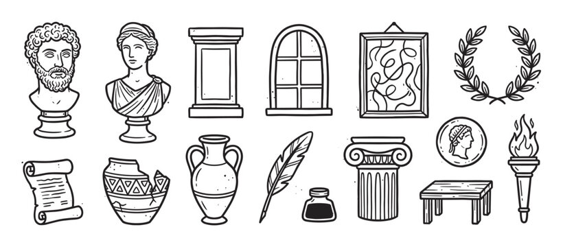 Set of hand-drawn ancient Greek icons featuring a philosopher bust, ionic column, amphora, laurel wreath, and scroll in a black and white line art illustration collection
