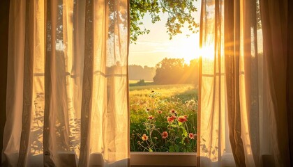 Sunset view through open window curtains. © Techni
