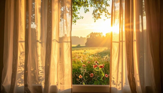 Sunset view through open window curtains.