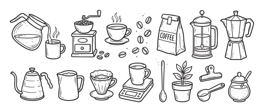 Hand-drawn coffee making equipment illustration set with various barista tools like a grinder, moka pot, french press, kettle, and cup in a black and white doodle style
