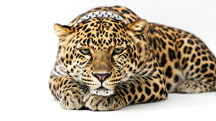 Obraz premium A glamorous leopard naps in royal calm, draped in a diamond necklace, blending wild beauty with luxe fashion vibes, soft light, and queen energy in a dreamy, elegant scene