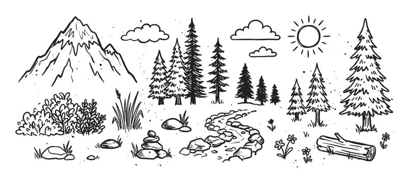 Hand-drawn collection of black line art outdoor elements including a mountain, pine forest, sun, clouds, and a rocky creek, all in a charming and rustic doodle illustration style