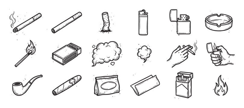 Hand-drawn set of smoking accessory icons in a vintage doodle style, featuring a cigarette, lighter, match, pipe, cigar, ashtray, and other tobacco-related line art elements