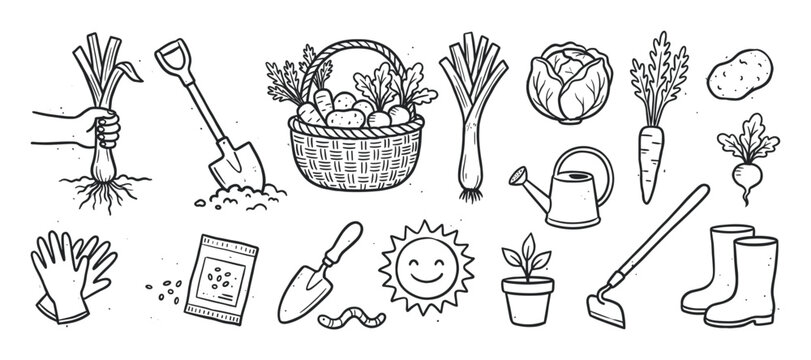 Hand drawn gardening and farming icon set with fresh vegetables, agricultural tools, and harvest equipment in a black and white doodle style vector illustration