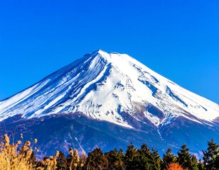 A snow-capped, majestic peak with a vibrant, clear blue sky