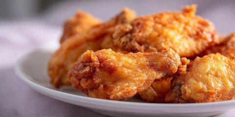 closeup of fried chicken pieces, the golden brown texture and delicious aroma. the background is blurred to emphasize these delightful wings.