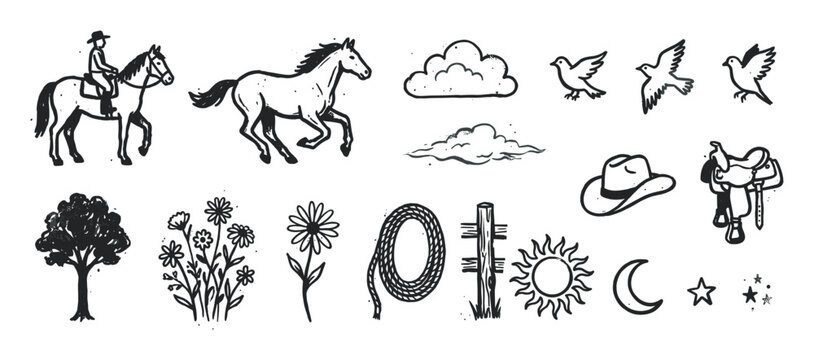 Hand-drawn western themed icon set featuring a cowboy, horse, saddle, hat, lasso, and nature elements in a rustic black and white stamp-like illustration style with a textured effect