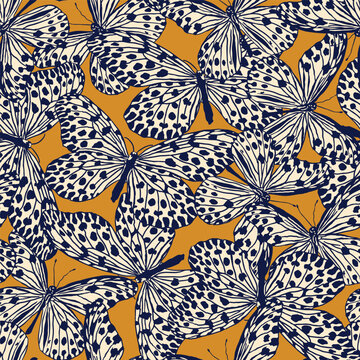 black and white butterflies seamless pattern for fashion textile or wallpaper background, insect vector illustration
