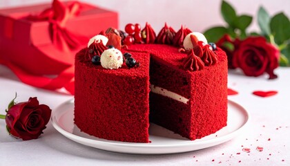 Valentine's Day cake, rose, and gift box. Decorated dessert on white plate. Red theme