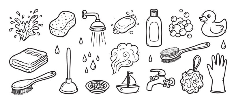 Set of hand-drawn bathroom and cleaning icons featuring a rubber duck, soap, shampoo, and shower in a simple black and white doodle style illustration for personal care concepts