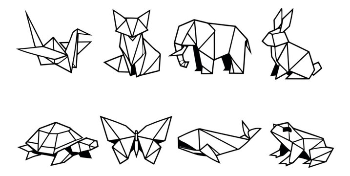 Geometric line art origami animal set featuring a crane, fox, elephant, rabbit, turtle, butterfly, whale, and frog for creative design