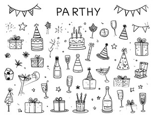 Black and white doodle illustration featuring festive objects like cake, gifts, champagne, confetti, and party hats. Decorative elements arranged