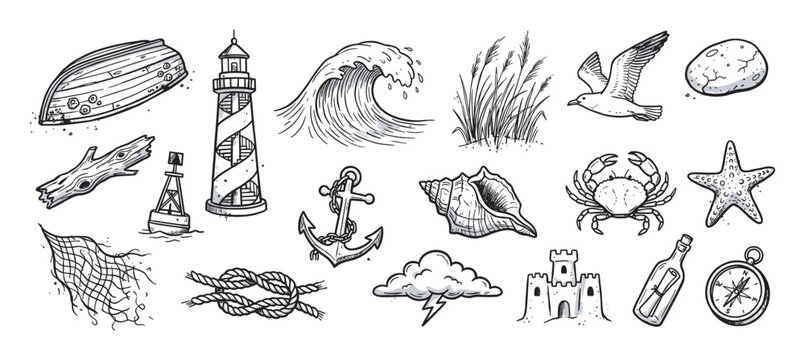 Collection of hand-drawn nautical illustrations featuring a lighthouse, anchor, crab, wave, compass, and boat in a detailed black and white vintage engraving sketch style