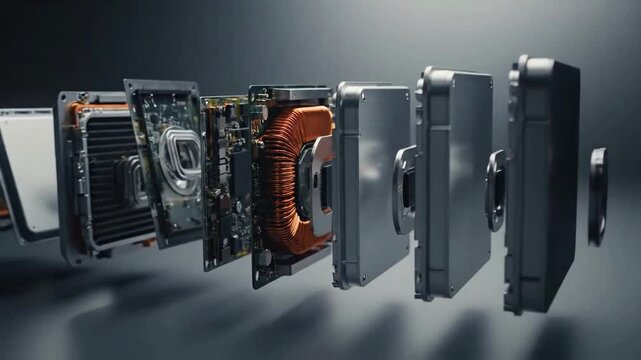 Exploded view of an electronic device, showcasing its internal components and intricate design.