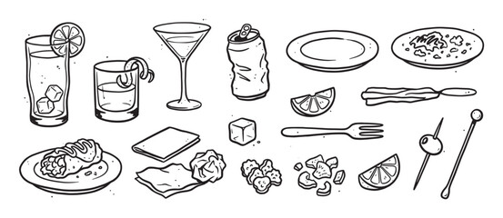 Black and white hand-drawn illustration set of various food, drinks, and bar accessories like cocktails, appetizers, plates, and utensils in a sketchy doodle style