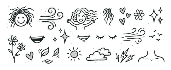 Collection of hand-drawn doodle icons featuring nature, weather, and emotional elements in a simple black and white line art style with halftone texture for a whimsical feel