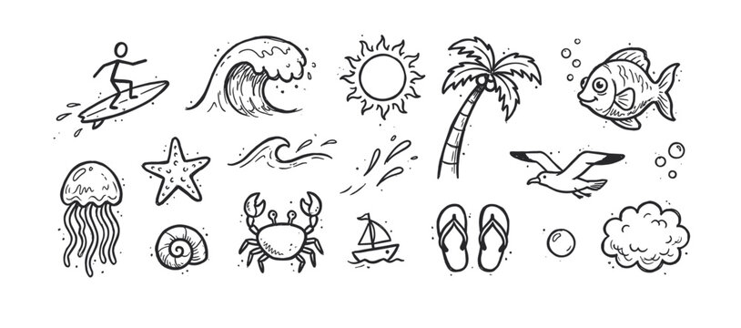 Set of hand-drawn summer beach icons including a surfer, wave, sun, palm tree, fish, crab, and jellyfish in a black and white doodle style illustration collection