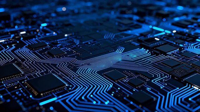 Circuit board with glowing blue lines