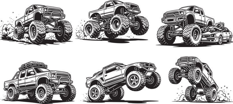 Six monster truck illustrations set on transparent background