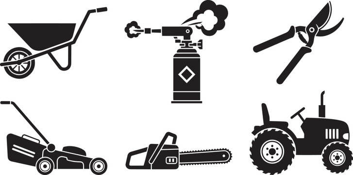 Farming gardening machinery equipment tool silhouette icons set black vector