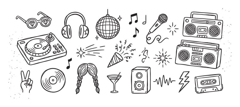 Set of hand-drawn black line doodle icons for a retro music party with a turntable, disco ball, boombox, and microphone in a fun, sketchy illustration style