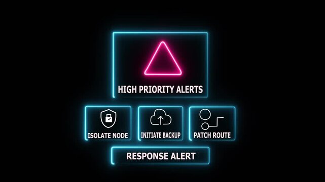 High Priority Alerts Display with Icons for Network Security and System Response - Neon Glow
