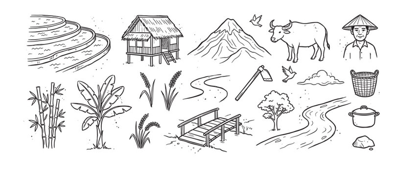 Hand-drawn collection of rural farming illustrations featuring a farmer, water buffalo, rice paddy terraces, stilt hut, and other agricultural elements