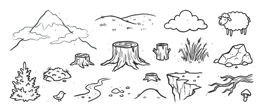Set of hand-drawn nature doodle illustrations featuring a mountain, tree stump, sheep, cloud, and other outdoor elements in a simple black and white sketch style