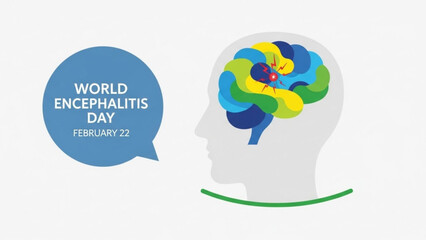 World encephalitis day illustration featuring a human head silhouette with a colorful brain symbolizing awareness and support for brain health on february 22