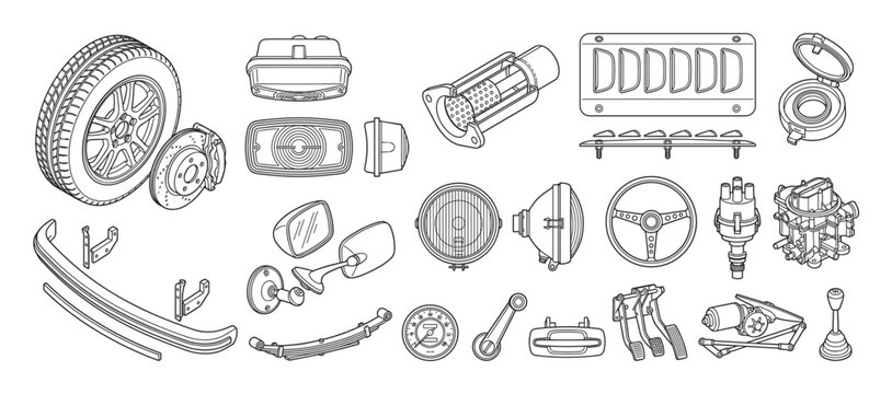 Collection of classic car spare parts including a wheel, brake, bumper, and engine components in a detailed black and white line art illustration for automotive repair concepts