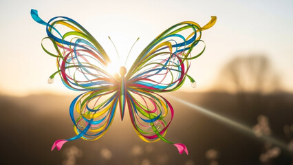 Colorful butterfly made of swirling lines against sunset background with soft focus landscape