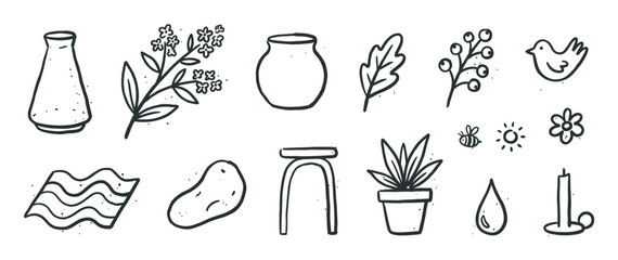 Fototapeta premium Set of hand-drawn doodle illustrations featuring various nature and home elements like a flower, bird, vase, and candle, created in a simple black and white line art style
