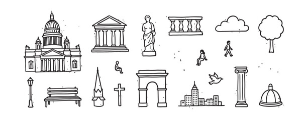 Collection of hand-drawn city life icons featuring famous architectural landmarks, classical statues, and urban elements in a minimalist black and white doodle sketch style