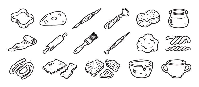 Hand-drawn collection of pottery tools and ceramic supplies in a black and white doodle style, showing various equipment for sculpting, modeling, and crafting with clay