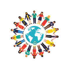 A diverse group of people holding hands around the globe