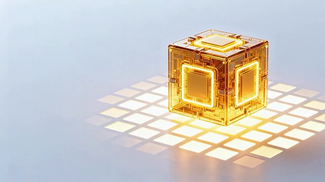 Golden cube with glowing circuits on grid