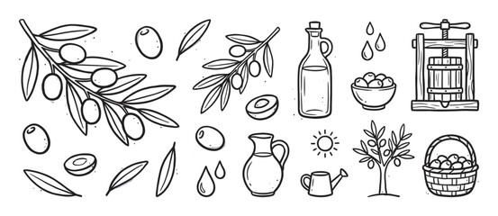 Hand-drawn olive farming icon set collection showing a branch, fruit, press, bottle, and basket in a rustic black and white doodle illustration style