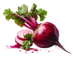 Vibrant root vegetable with leafy greens, sliced cross-section showing rings