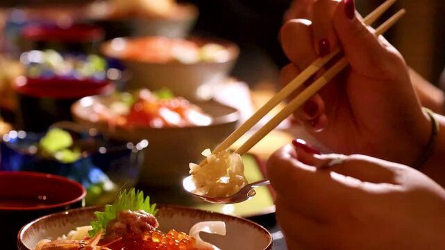 Close Up of Person Eating Japanese Chirashi Don with Chopsticks