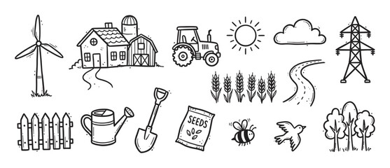 Obraz premium Set of hand-drawn farming and rural icons including a farmhouse, tractor, windmill, and gardening tools in a black and white doodle style illustration for agriculture themes