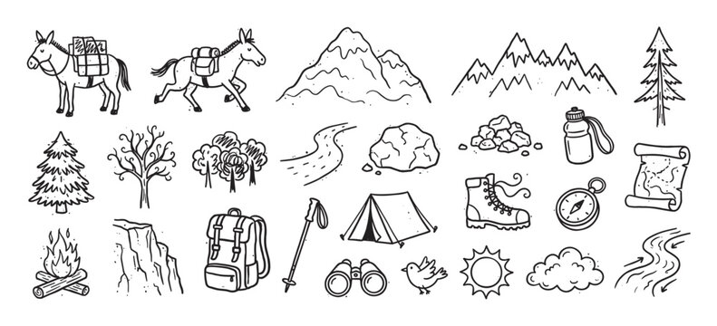 Hand-drawn collection of outdoor adventure and camping doodle icons showing a tent, backpack, mountains, compass, map, and a pack mule for a trekking expedition