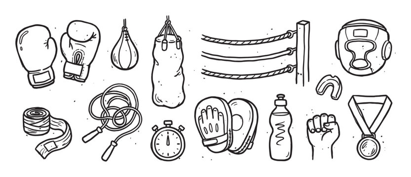 Collection of hand-drawn boxing equipment illustrations featuring gloves, a punching bag, headgear, and a medal in a black and white sketch style for combat sports and fitness