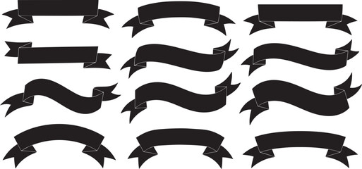 Blank black ribbon banners set with different curves and wave shapes